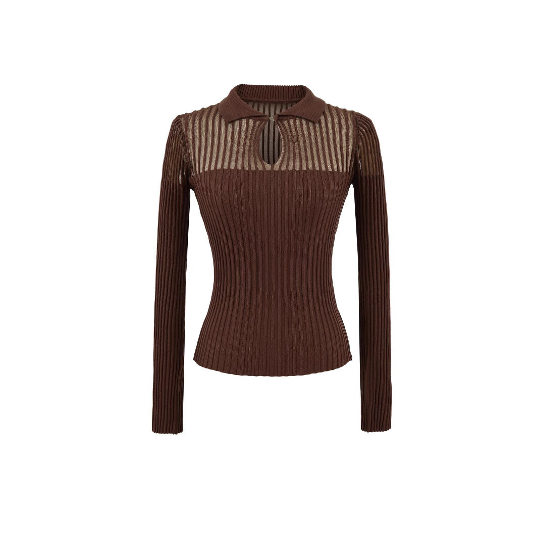 Anahtar Deliği Yaka Yarı Şeffaf Örgü Üst