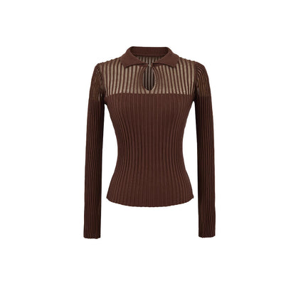 Anahtar Deliği Yaka Yarı Şeffaf Örgü Üst