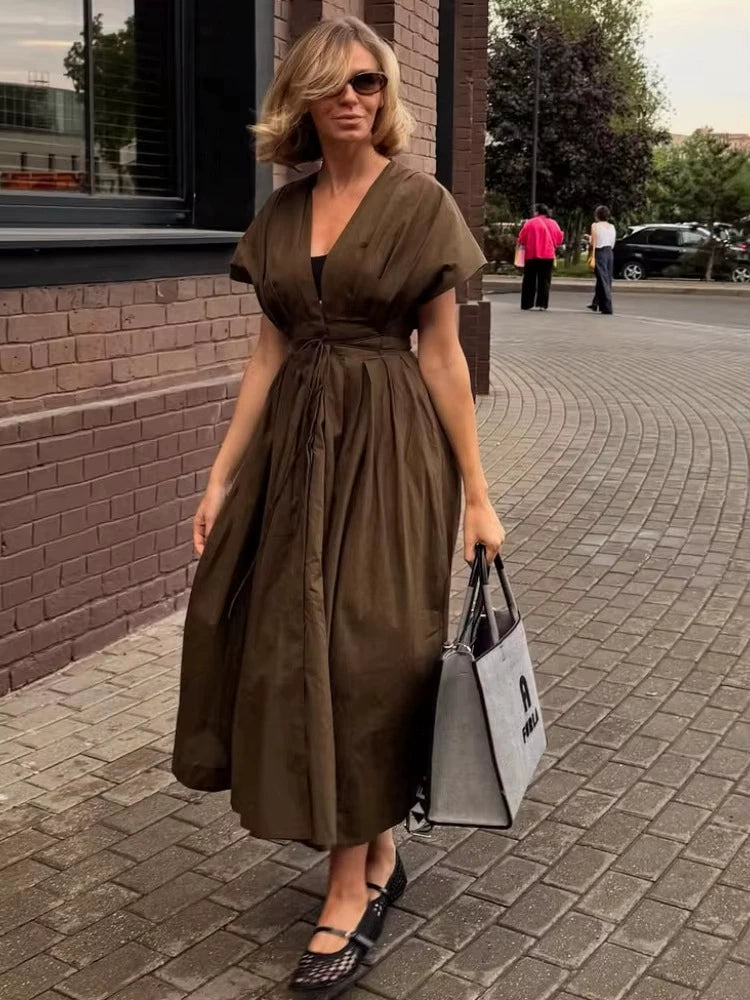 Vestido casual liso con escote en V y cintura ajustada - Marrón - imagen 2
