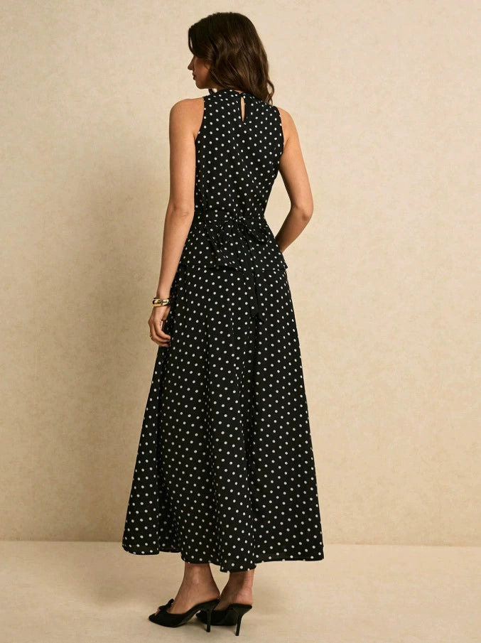 Conjunto francés de top halter de lunares y falda larga de talle alto - Negro