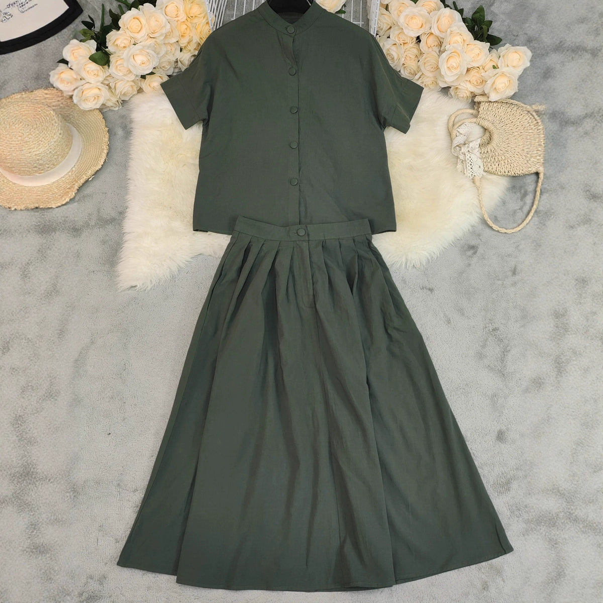Conjunto casual de top y falda de algodón con manga al codo