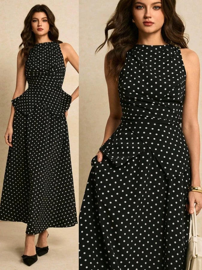 Conjunto francés de top halter de lunares y falda larga de talle alto - Negro - imagen 1