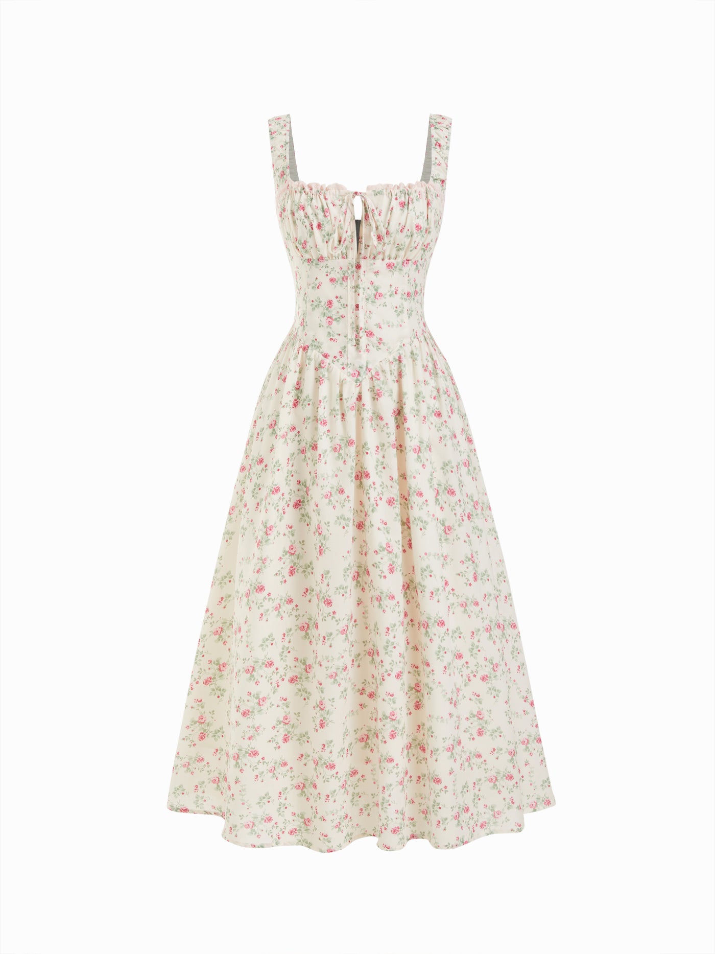 Vestido midi floral de mezcla de algodón con cuello cuadrado, lazada y fruncido - Crema