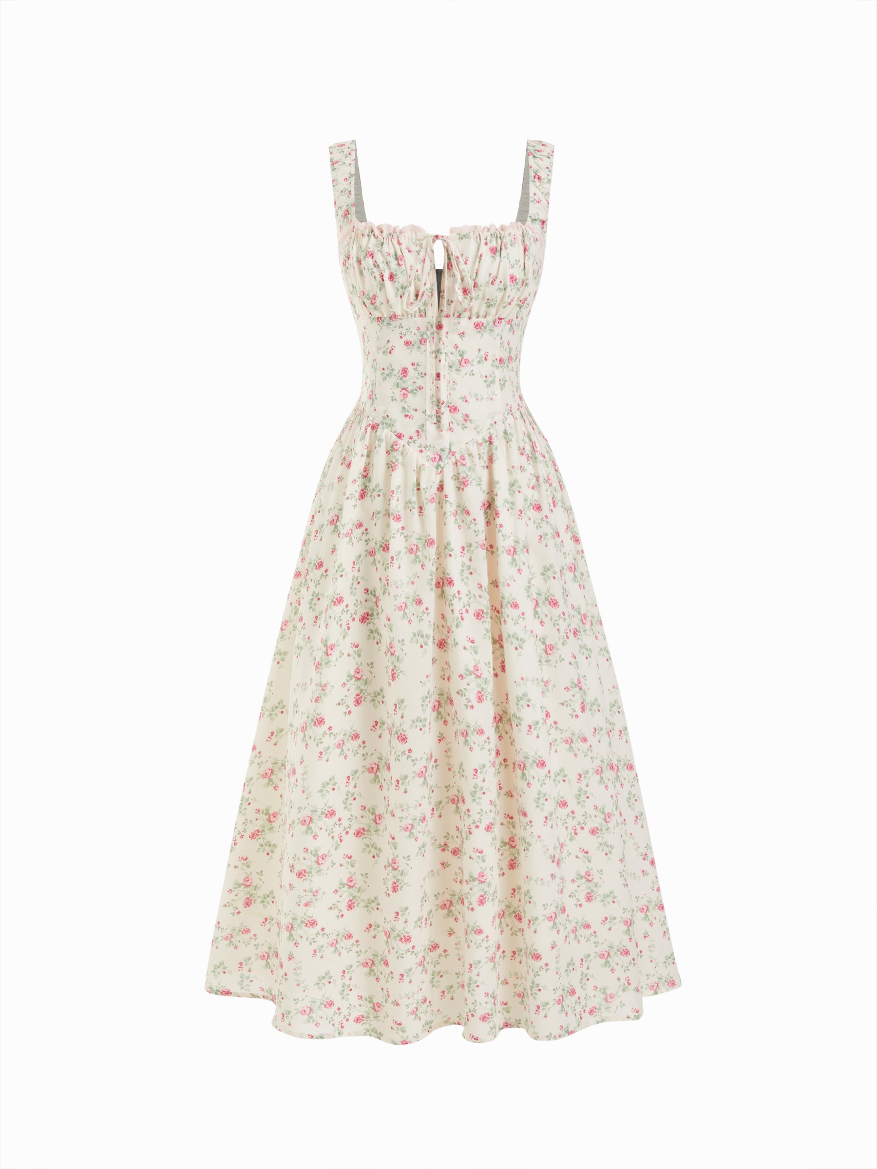 Vestido midi floral de mezcla de algodón con cuello cuadrado, lazada y fruncido - Crema