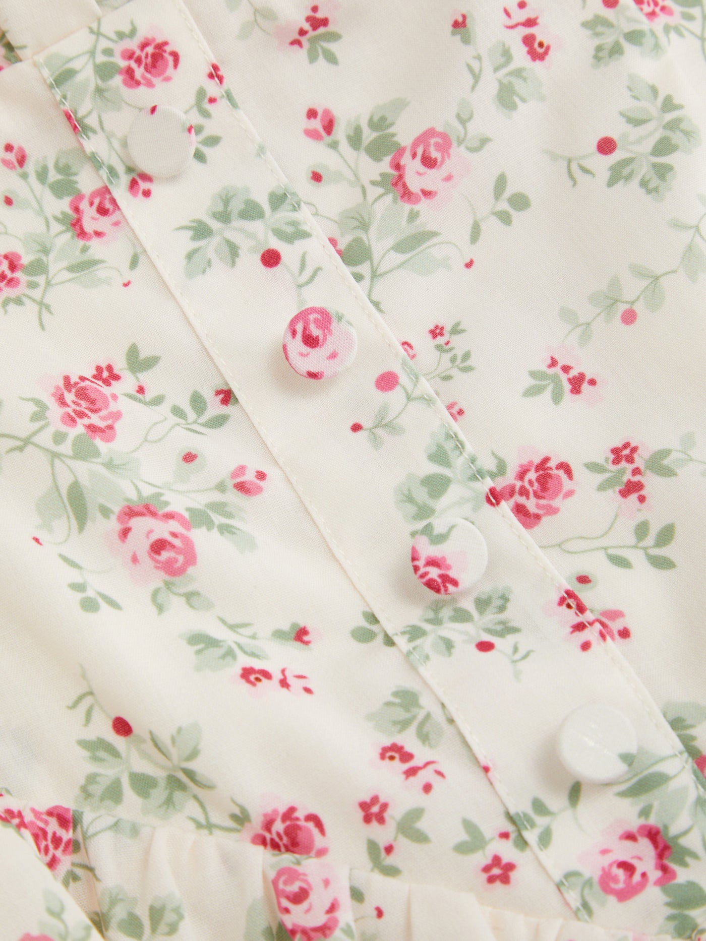 Vestido midi floral de mezcla de algodón con cuello cuadrado, lazada y fruncido - Crema