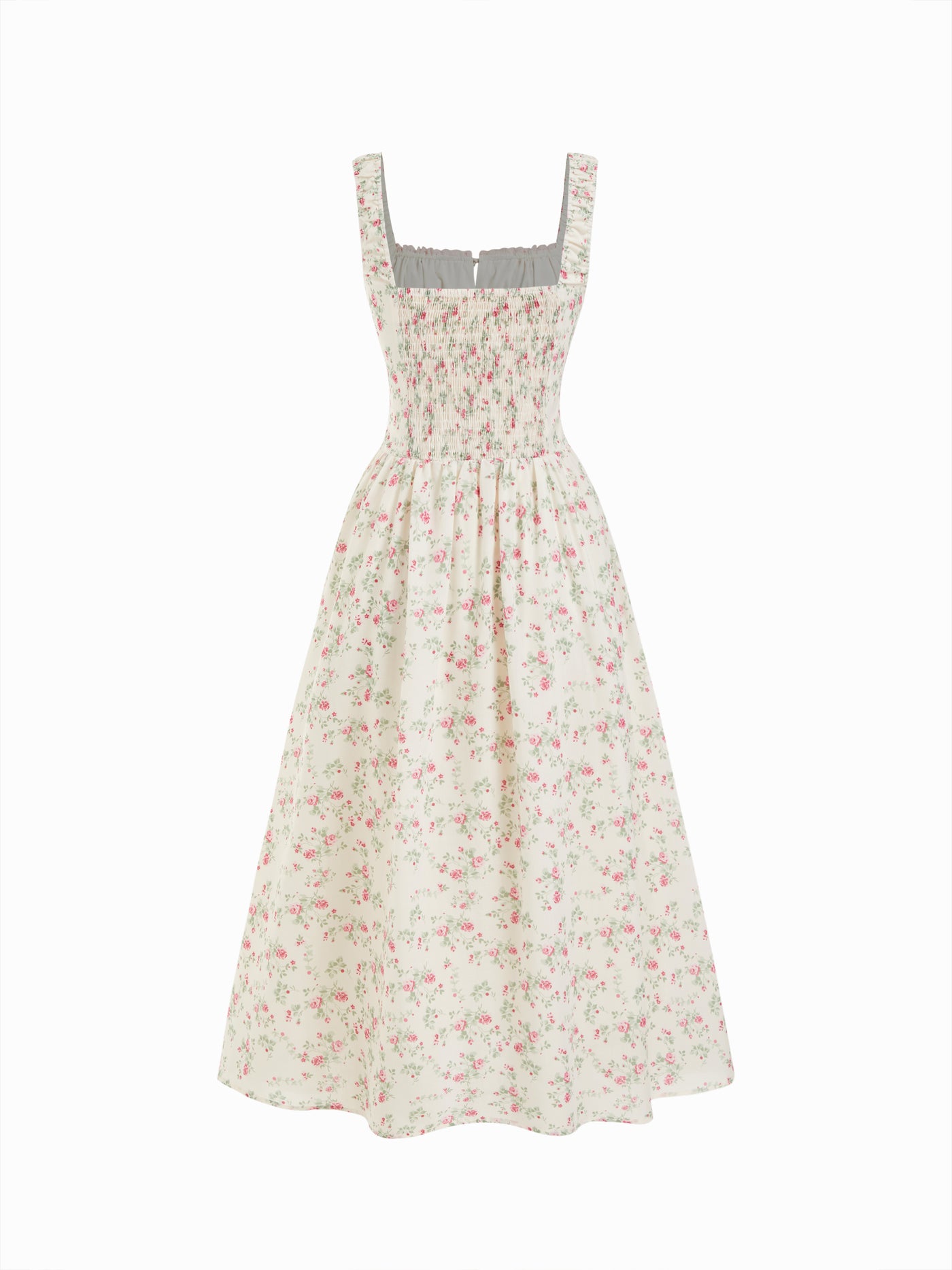 Vestido midi floral de mezcla de algodón con cuello cuadrado, lazada y fruncido - Crema